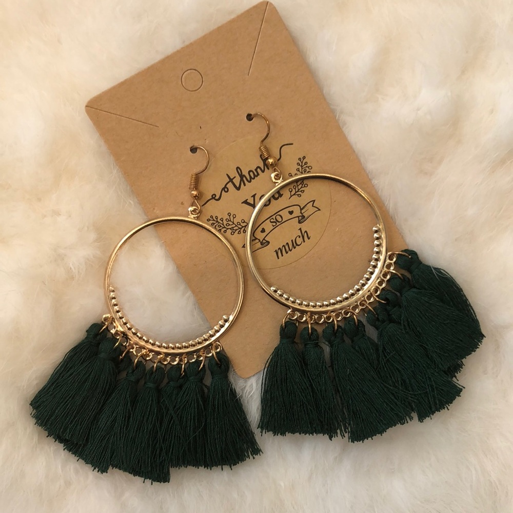 Hunter Green Gold Tone Boho Fringe Tassel Earrings
